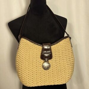 Brighton straw bag with croc embossed leather details and scrollwork clasp -Jani